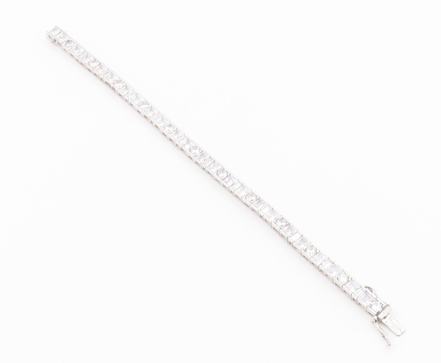 925 Sterling Silver  Vintage Cubic Zirconia Box Link Chain Bracelet  BT8349