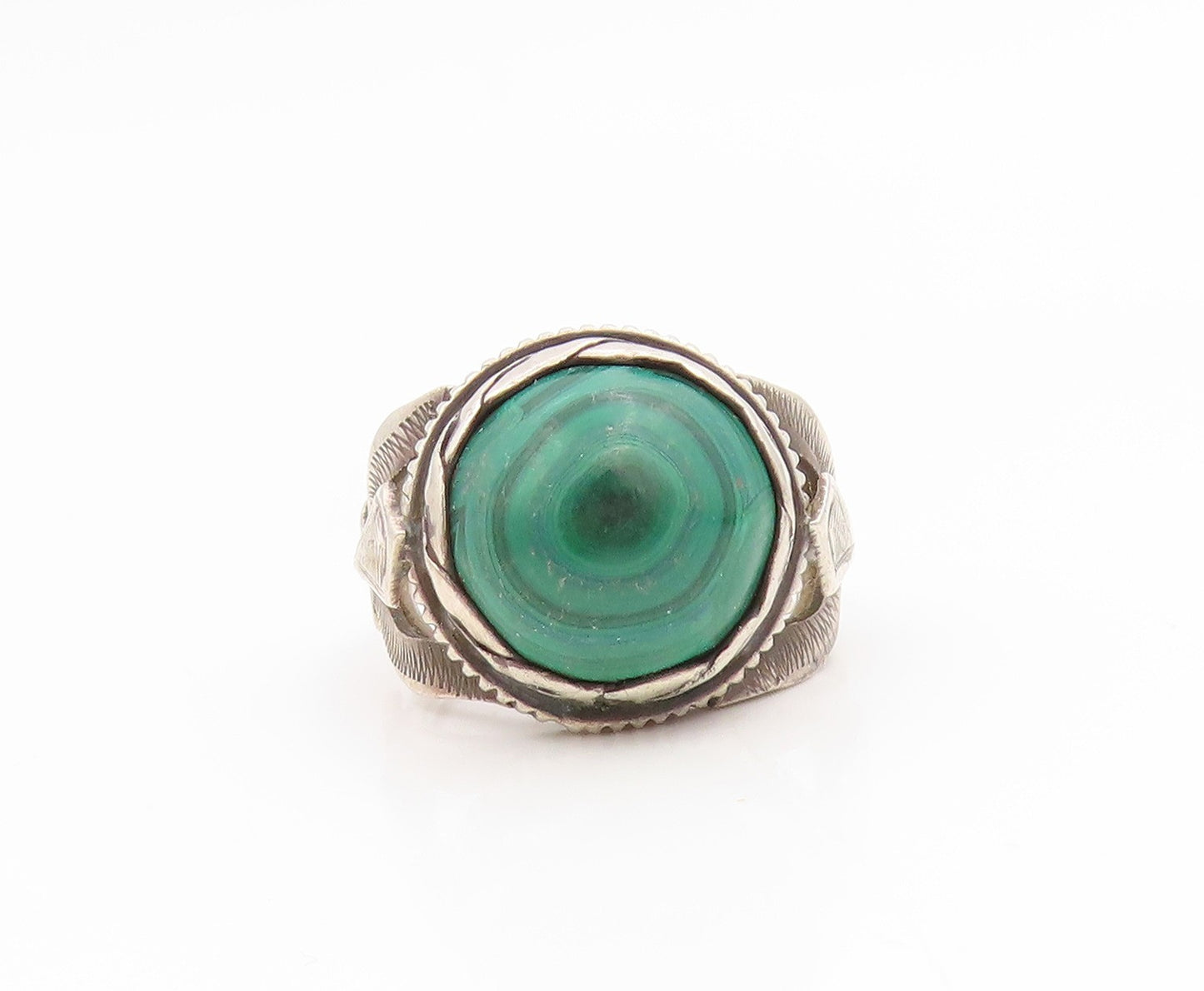 925 Sterling Silver Vintage Ring Cabochon Malachite Feather Motif  Sz 5  RG35172