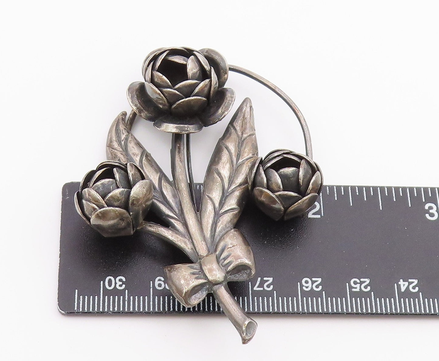 925 Sterling Silver  Vintage Oxidized Sculpted Flower Bunch Brooch Pin  BP3330