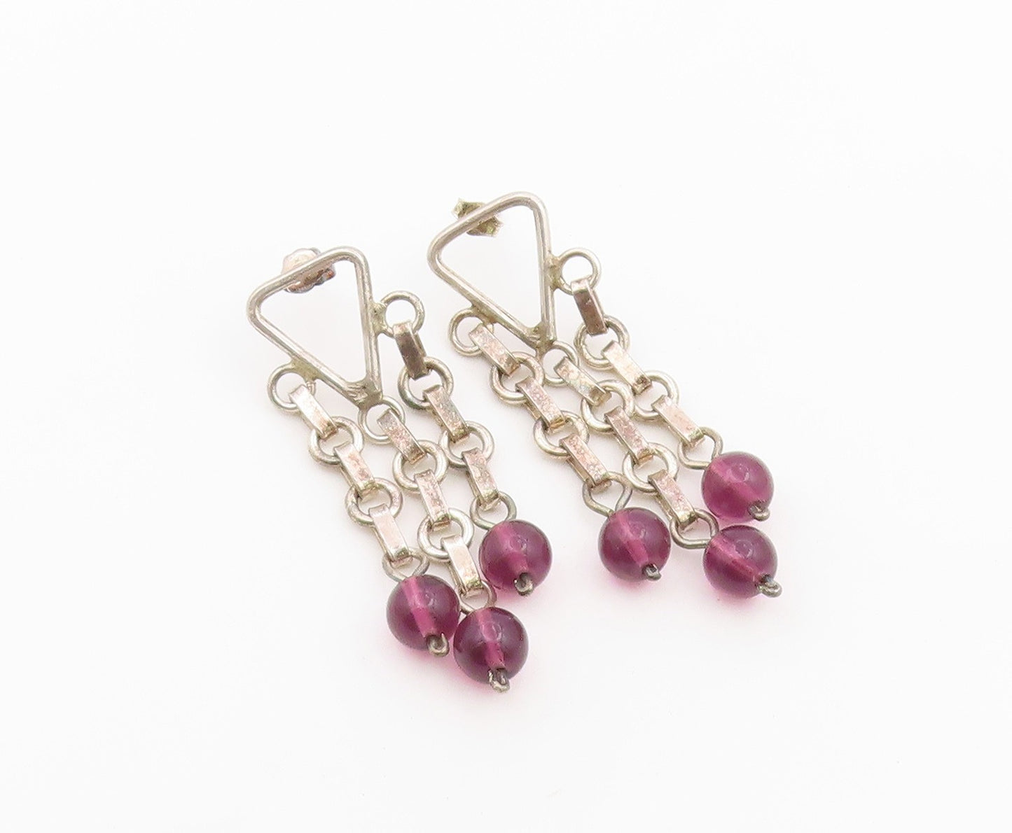 925 Sterling Silver Vintage Earrings Amethyst Bead Geometric Chandelier  EG14440