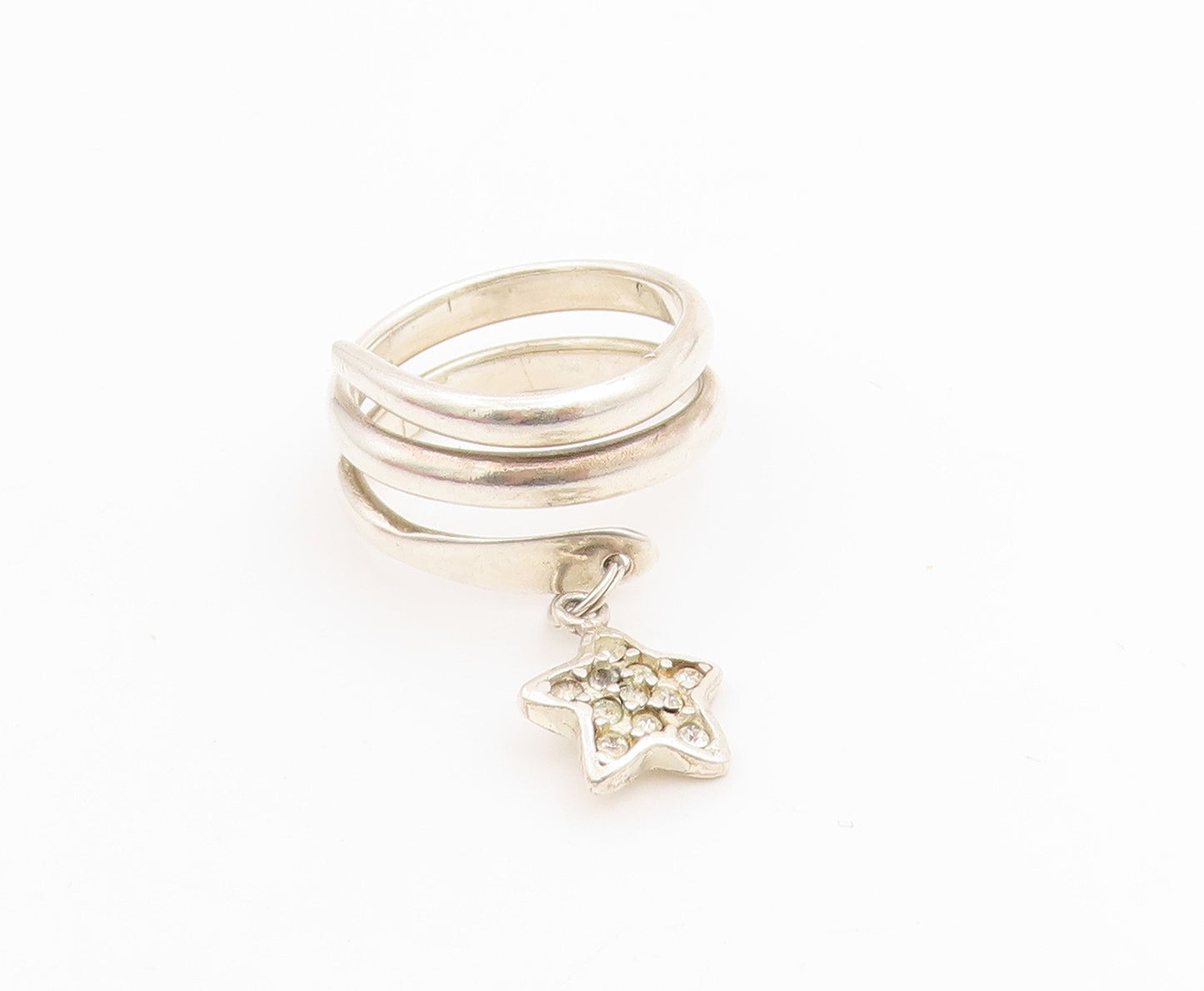925 Sterling Silver Vintage Ring Dangling CZ Star Spiral Coil  Sz 7.5  RG33885