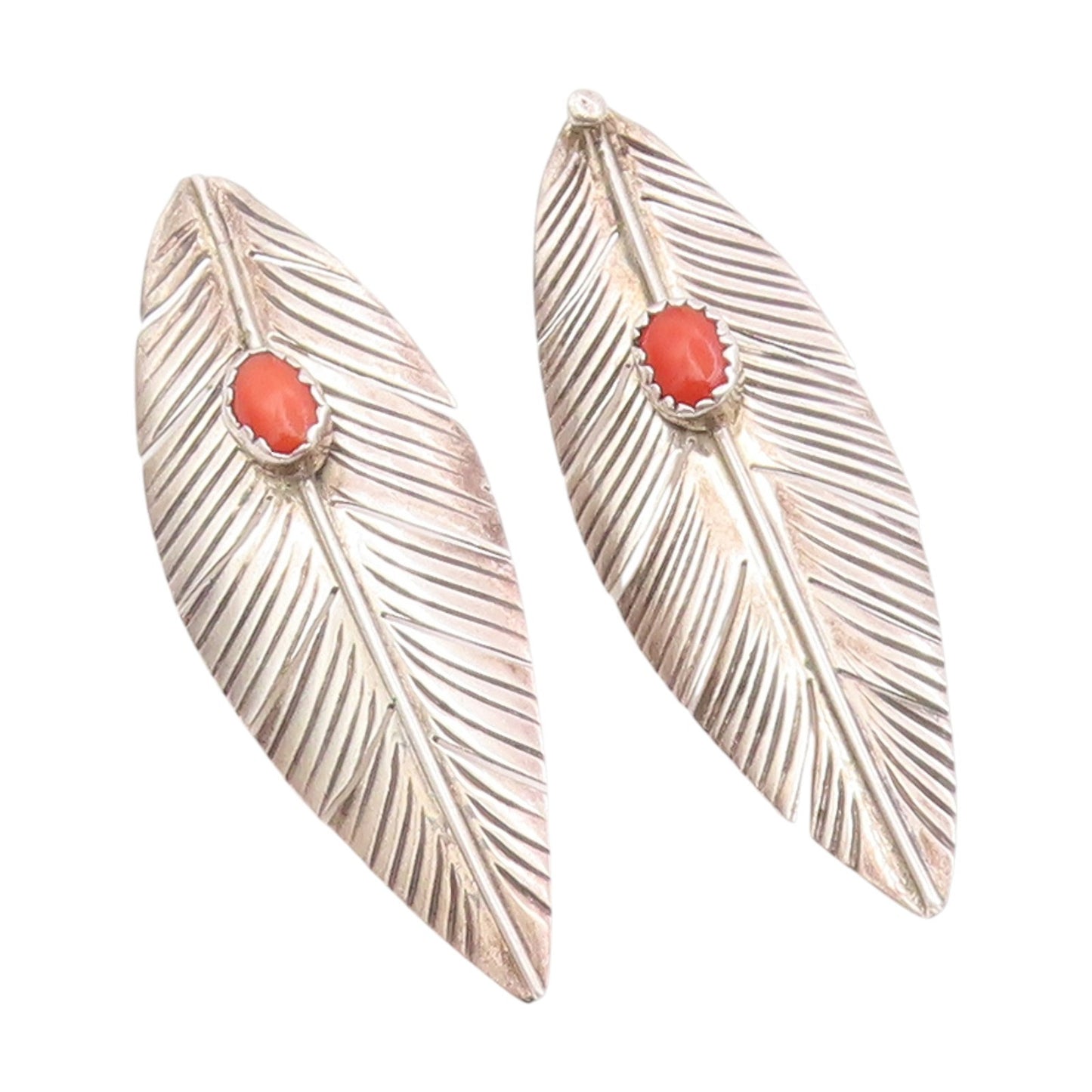925 Sterling Silver Vintage Earrings Cabochon Carol Etched Feather Drop  EG14008
