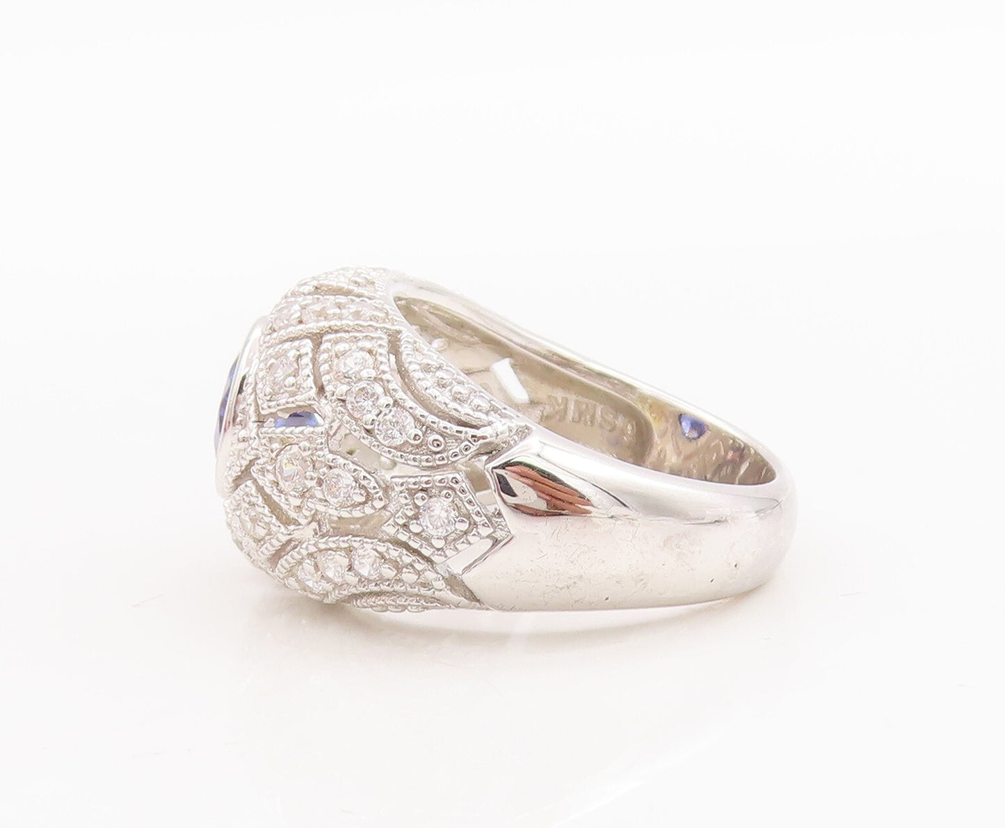 925 Sterling Silver Vintage Ring Round Sapphire Cutout CZ Inlay Sz 7.5  RG29237