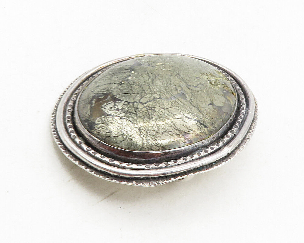 925 Sterling Silver  Vintage Modernist Gemstone Etched Border Pendant  PT7429