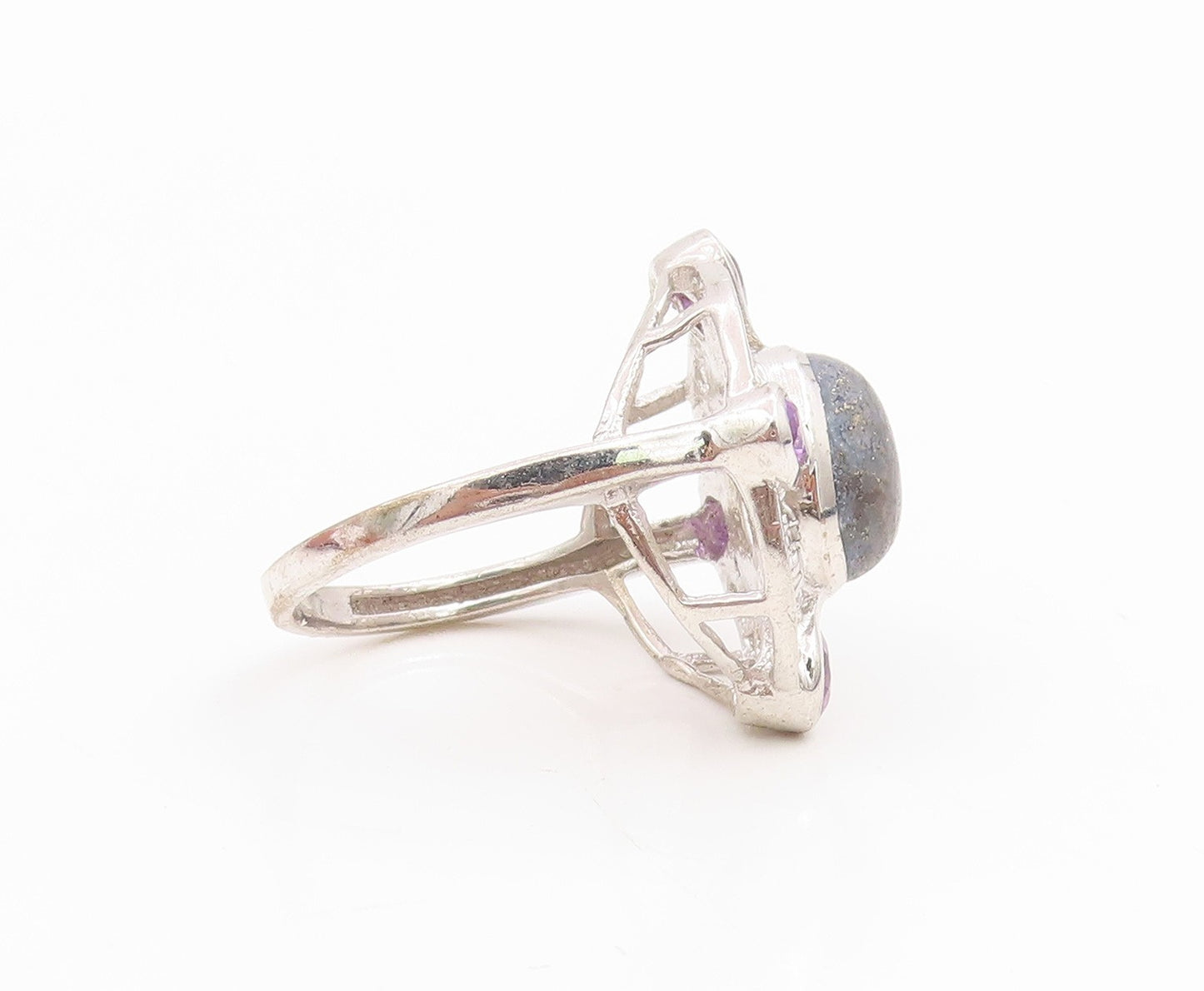 925 Sterling Silver Vintage Ring Amethyst & Gemstone Openwork Band Sz 7 RG36170