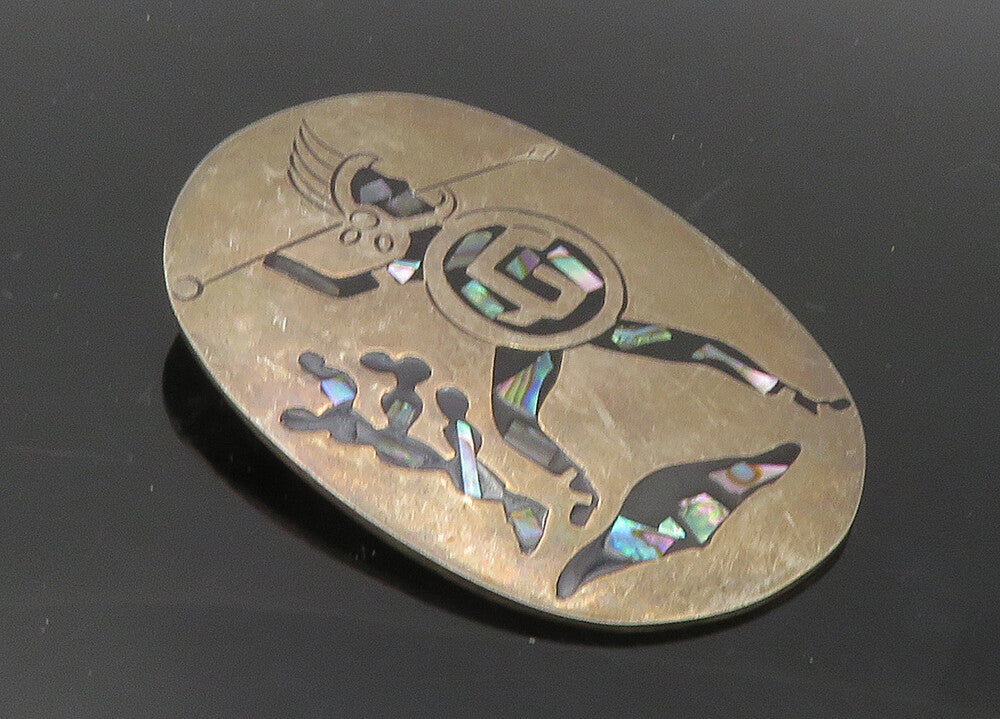 MEXICO 925 Sterling Silver  Vintage Abalone Shell Warrior Brooch Pin  BP3968