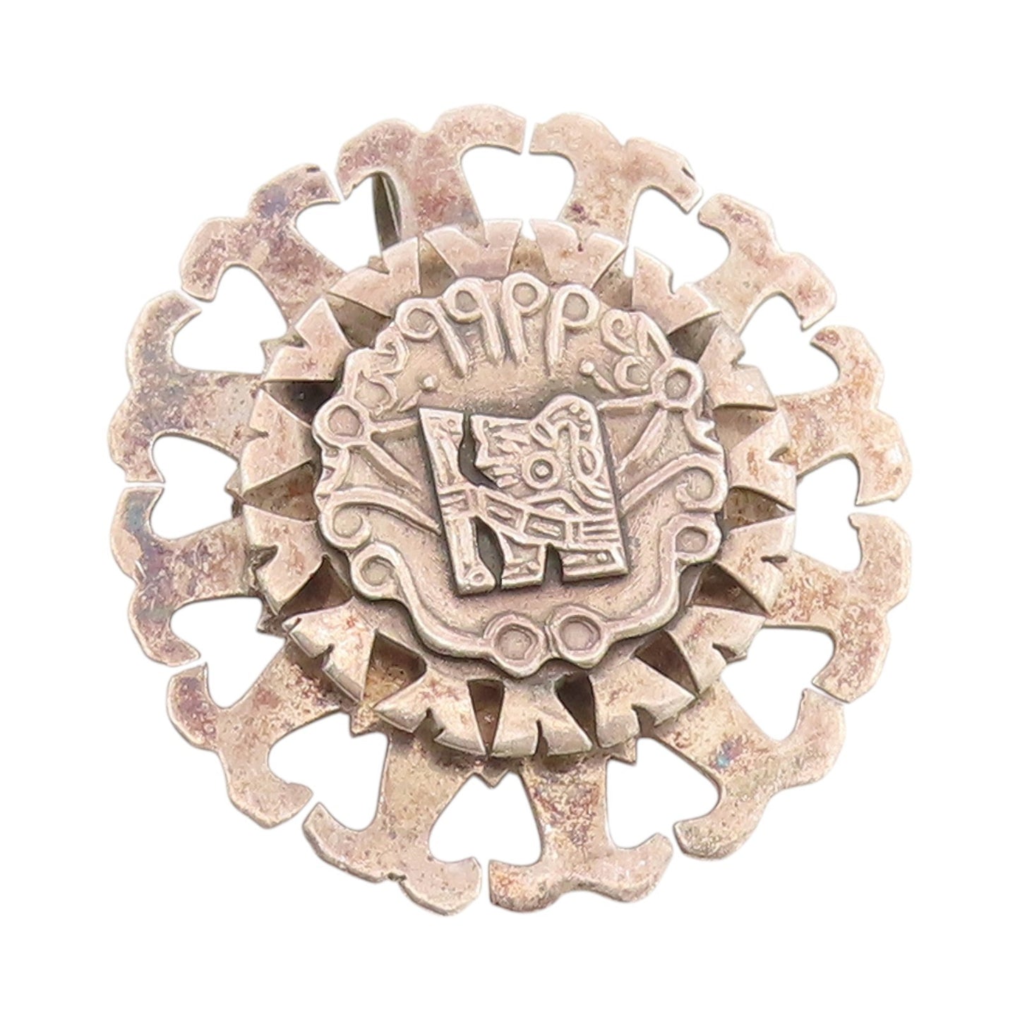 925 Sterling Silver Vintage Brooch Cutout Aztec Sun God Tonatiuh  BP11741