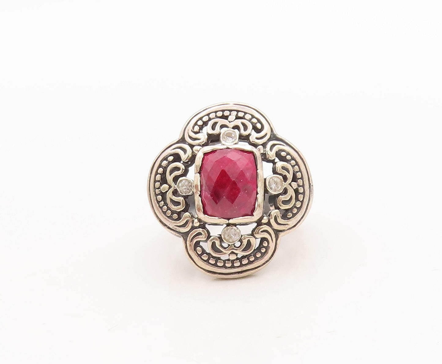 925 Sterling Silver Vintage Ring Swirly Carved Pink Gem & CZ Flower Sz 7 RG29175