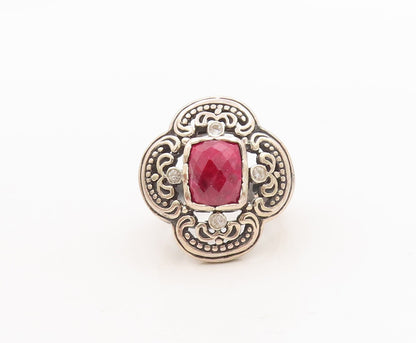 925 Sterling Silver Vintage Ring Swirly Carved Pink Gem & CZ Flower Sz 7 RG29175