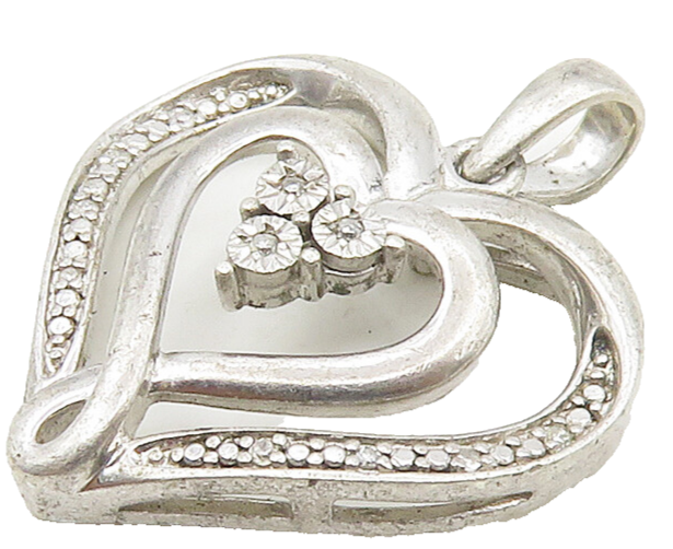 925 Sterling Silver  Vintage Genuine Diamonds Love Heart Pendant  PT12167
