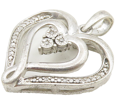 925 Sterling Silver  Vintage Genuine Diamonds Love Heart Pendant  PT12167