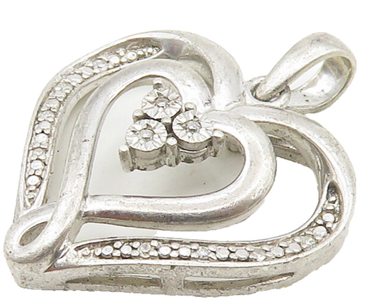 925 Sterling Silver  Vintage Genuine Diamonds Love Heart Pendant  PT12167