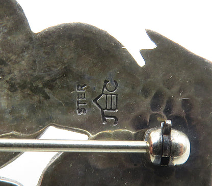 JC NAVAJO 925 Silver  Vintage Shiny Etched Cactus Scene Brooch Pin  BP6602