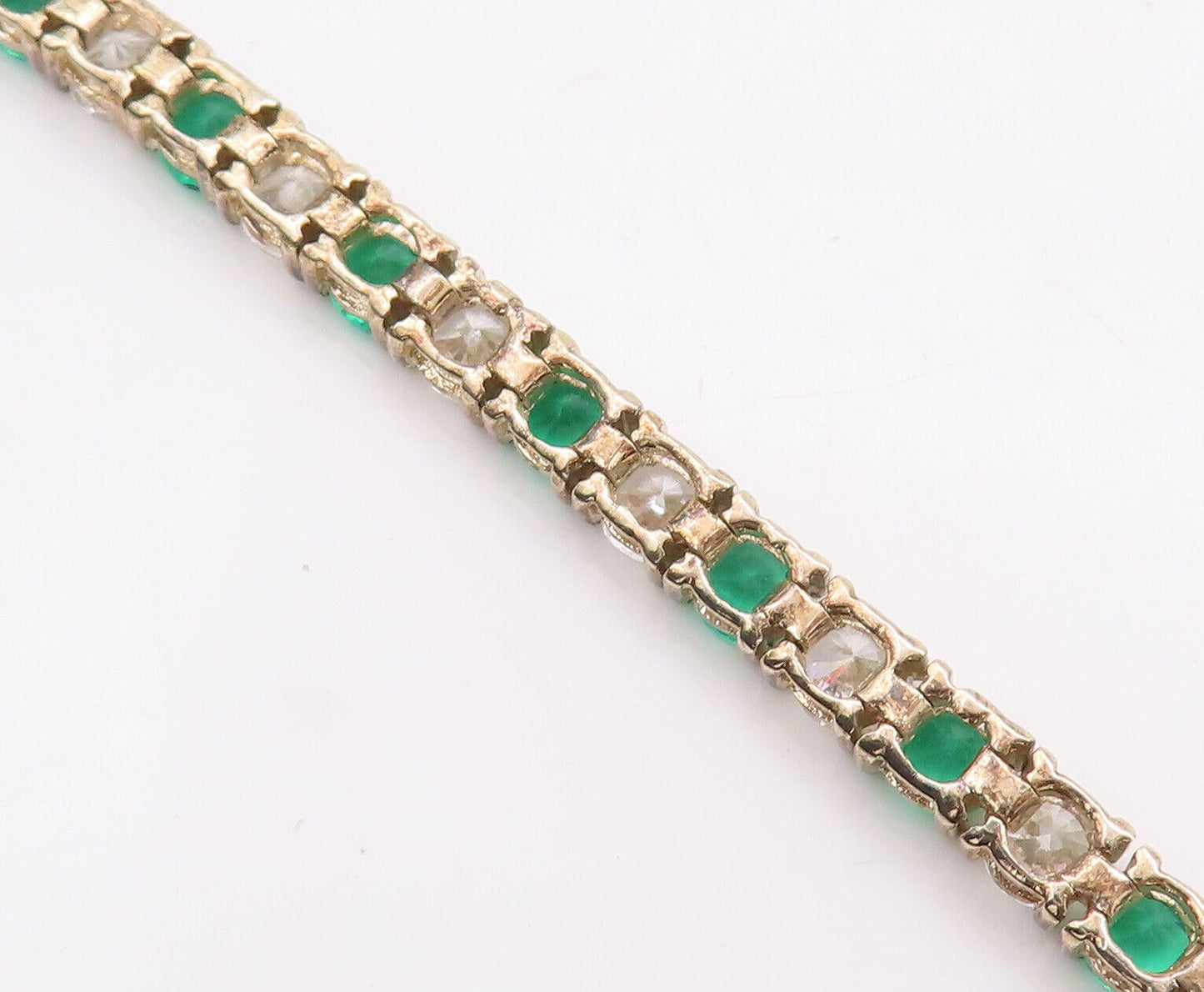 925 Sterling Silver Vintage Bracelet Gold Plated Round Green White Topaz BT10621