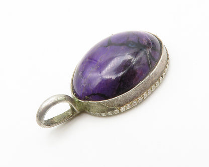 925 Sterling Silver  Vintage Cabochon Cut Charoite Oval Drop Pendant  PT11113
