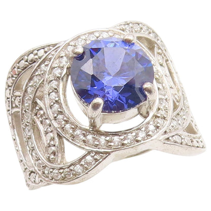 925 Sterling Silver Vintage Ring Tanzanite & CZ Double Loop Band Sz 9.5 RG36890