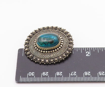 ISRAEL 925 Silver  Vintage Beaded & Wire Border Chrysocolla Brooch Pin  BP9604