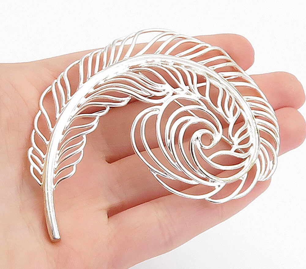925 Sterling Silver  Vintage Shiny Swirl Single Feather Brooch Pin  BP2176