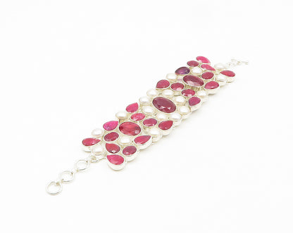 925 Sterling Silver  Freshwater Pearls & Tear Drop Ruby Chain Bracelet  BT7652