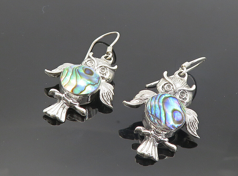 925 Sterling Silver Vintage Abalone Shell Owl Motif Drop Earrings EG3402