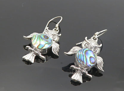 925 Sterling Silver Vintage Abalone Shell Owl Motif Drop Earrings EG3402