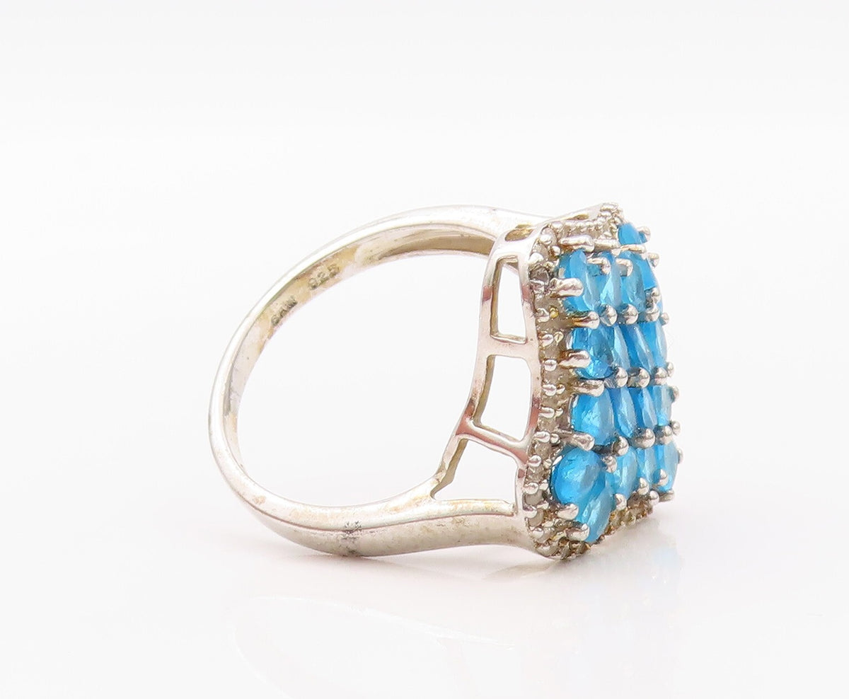 925 Sterling Silver Vintage Ring Drop Cut Blue & White CZ Inlay  SZ 10  RG32039