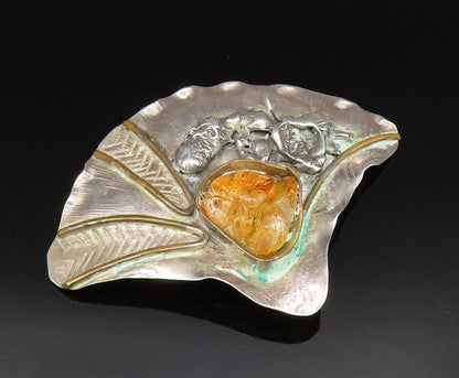925 Sterling Silver  Vintage Modernist Baltic Amber Shell Brooch Pin  BP9554