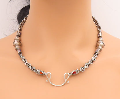 925 Sterling Silver Vintage Necklace Enamel Beaded Bohemian Tribal Chain  NE4722