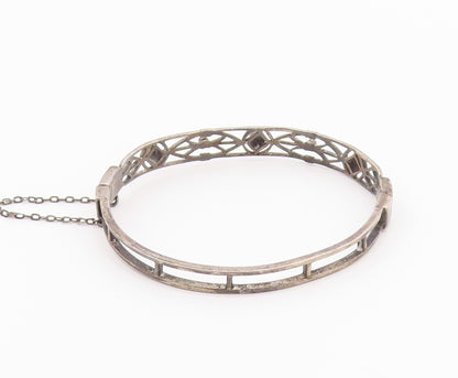 925 Sterling Silver Vintage Geometric Cutout Topaz Bangle Bracelet BT9383