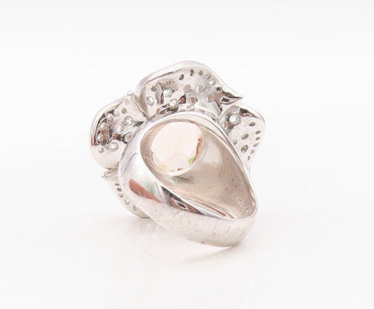 925 Sterling Silver Vintage Ring Morganite & CZ Carved Flower   Sz 7.5  RG29956
