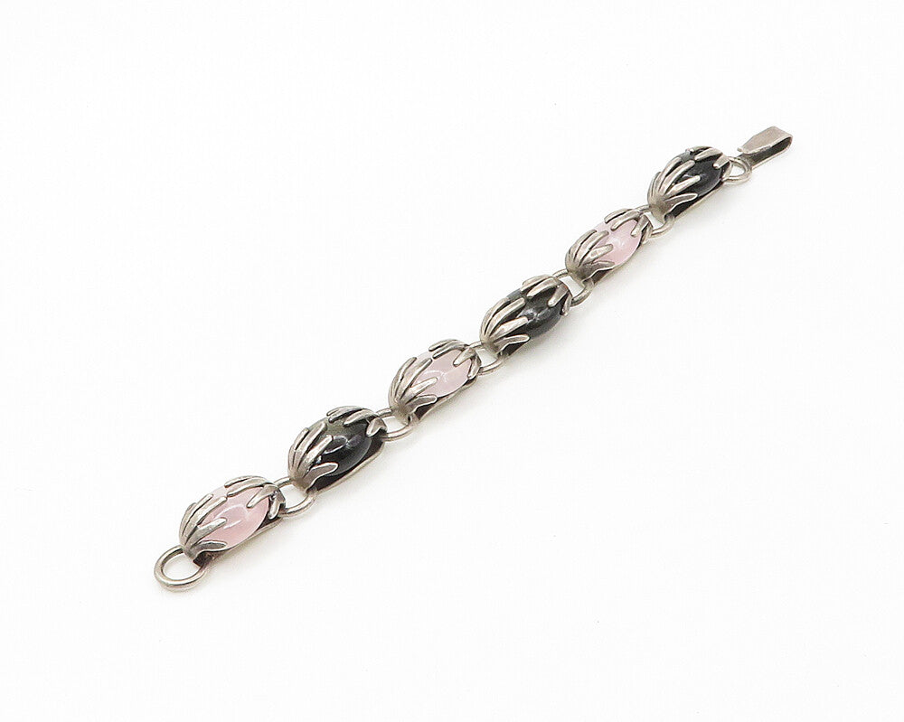 ROSI MEXICO 925 Silver  Vintage Black Onyx & Rose Quartz Chain Bracelet BT6957