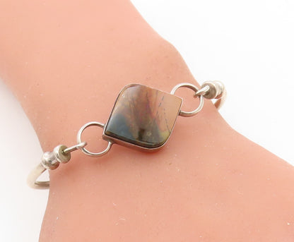 925 Sterling Silver  Vintage Brown Jasper Round Hook Bangle Bracelet  BT3168