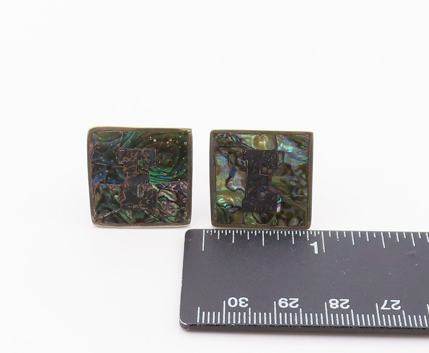 MEXICO 925 Silver  Vintage Inlaid Abalone Initial E Square Cufflinks  TR3370