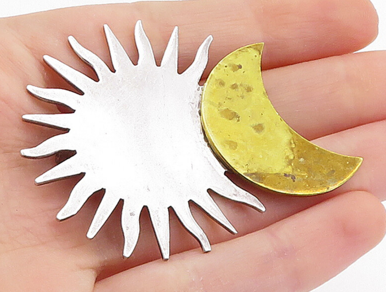 MEXICO 925 Sterling Silver Vintage Crescent Moon & Sun Brooch Pin BP2625