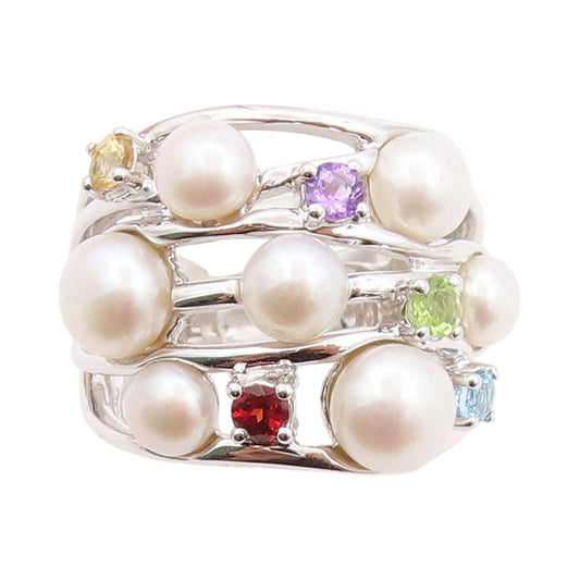 925 Sterling Silver Vintage Ring Brutalist Cut Pearls Multicolor CZ Sz 7 RG32739