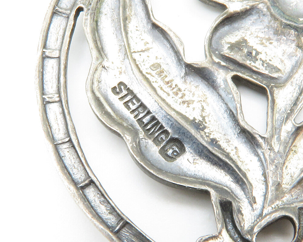 925 Sterling Silver  Vintage Dark Tone Single Flower Round Brooch Pin  BP5708
