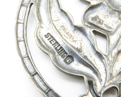 925 Sterling Silver  Vintage Dark Tone Single Flower Round Brooch Pin  BP5708
