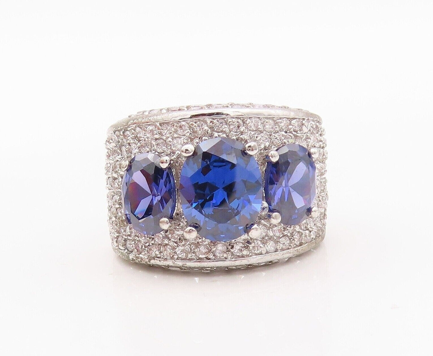 925 Sterling Silver Vintage Ring Broad Band Sapphire & CZ Inlay  Sz 7  RG29983