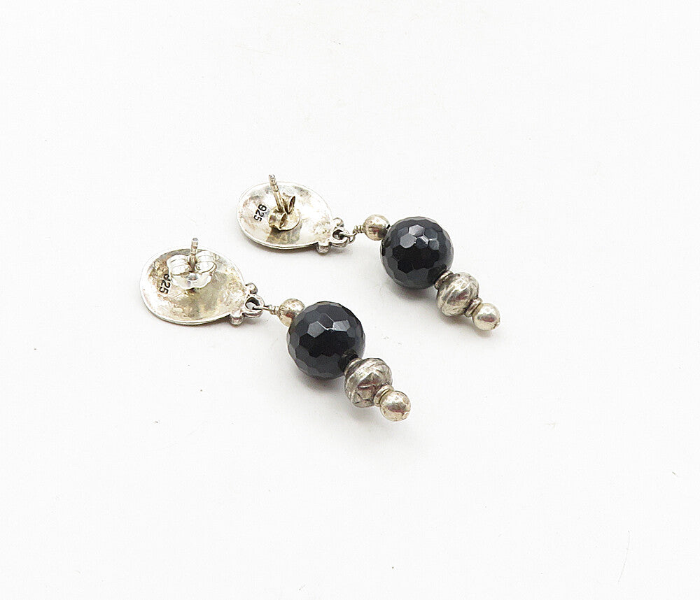 925 Sterling Silver  Vintage Black Onyx Bal Bead Floral Drop Earrings  EG4749