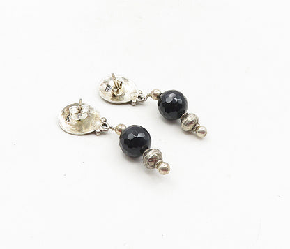 925 Sterling Silver  Vintage Black Onyx Bal Bead Floral Drop Earrings  EG4749