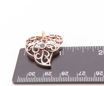 925 Sterling Silver Vintage Pendant Sapphire Swirly Heart Shape Leaf  PT24155