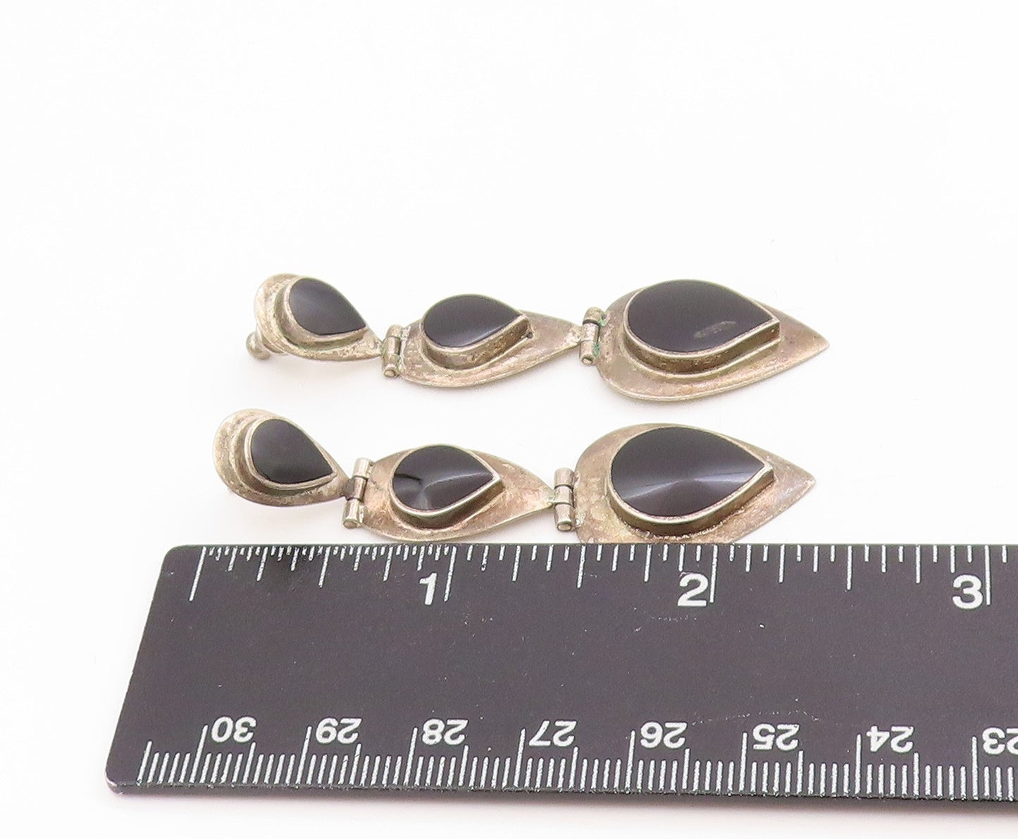 925 Sterling Silver Vintage Earrings Cabochon Black Onyx Teardrop Dangle EG13983