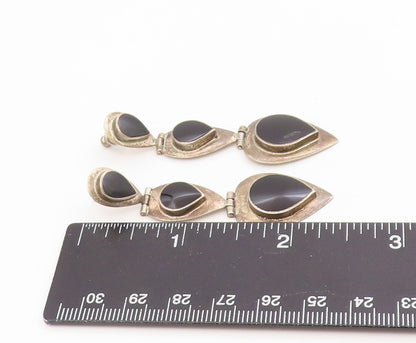 925 Sterling Silver Vintage Earrings Cabochon Black Onyx Teardrop Dangle EG13983