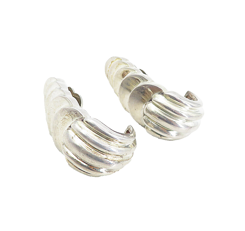 925 Sterling Silver  Vintage Shiny Fluted Curved Non Pierce Earrings  EG4221