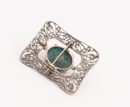 925 Sterling Silver Vintage Brooch Pin Green Moss Agate Swirly Cutout  BP11006