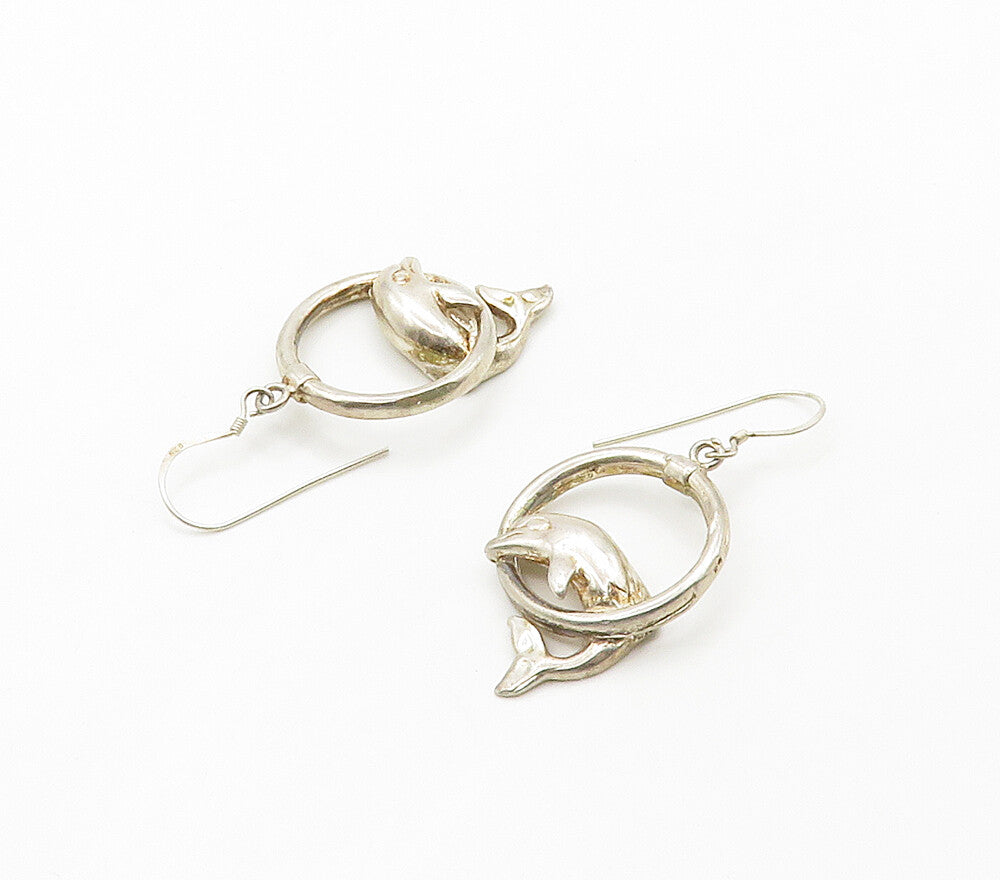 925 Sterling Silver  Vintage Shiny Leaping Dolphin Motif Drop Earrings  EG8190