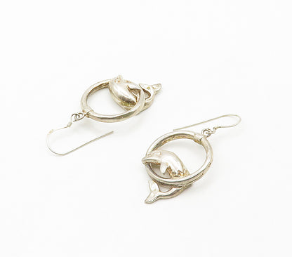 925 Sterling Silver  Vintage Shiny Leaping Dolphin Motif Drop Earrings  EG8190