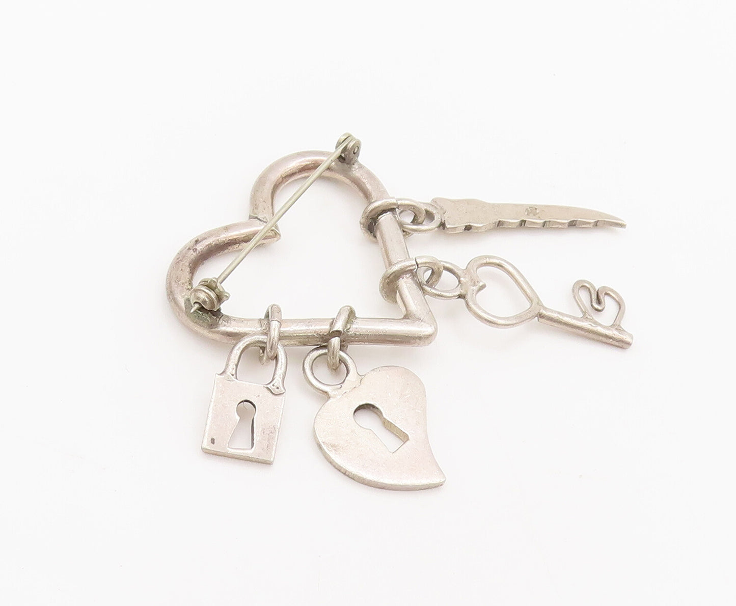 925 Sterling Silver  Vintage Love Heart Dangling Charms Brooch Pin  BP10427