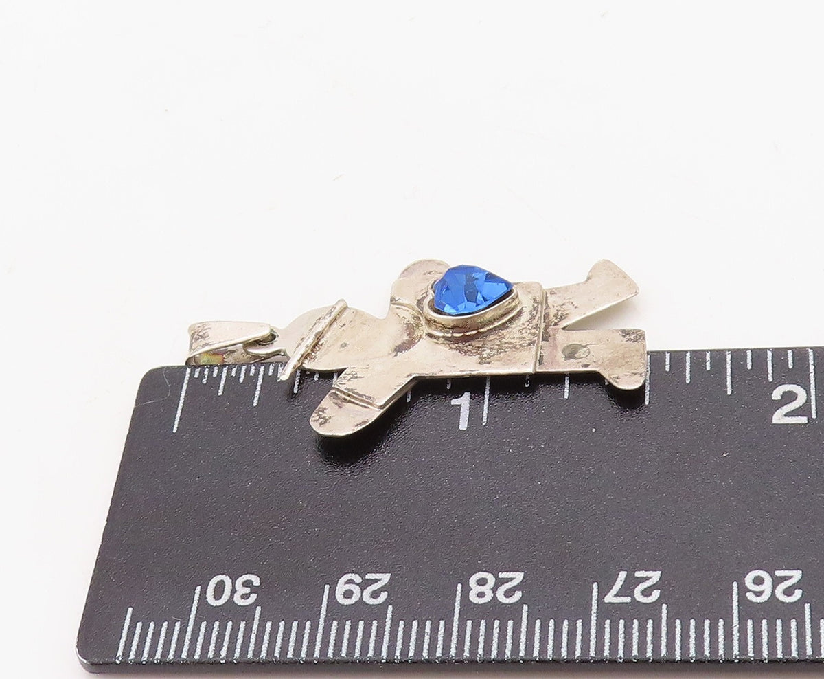925 Sterling Silver Vintage Pendant Solid Carved Boy With Blue CZ Heart  PT23652