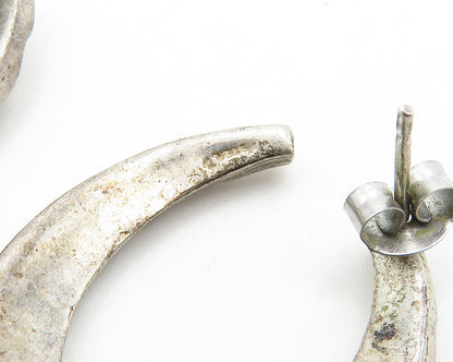 925 Sterling Silver  Vintage Dark Tone Chiseled UShape Hoop Earrings  EG9709